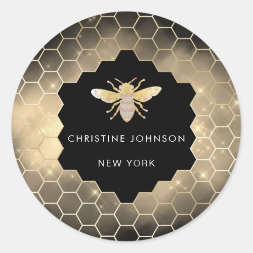 hexagon jewel bee logo on black classic round sticker