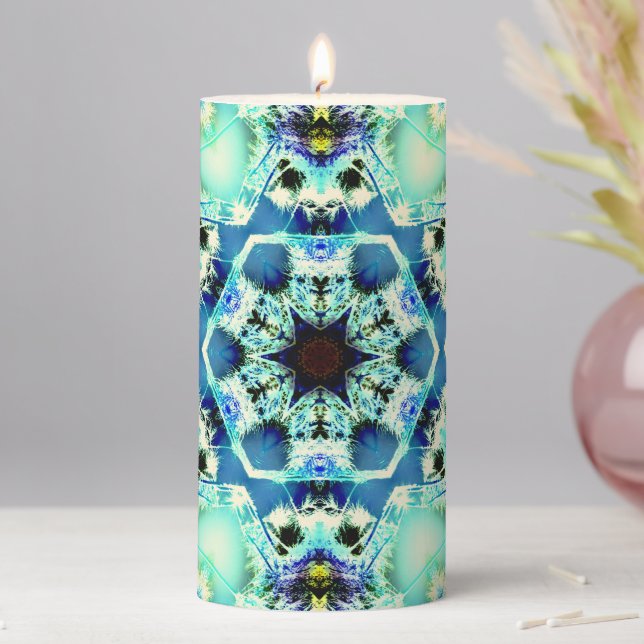 Hexagon kaleidoscope and star light green and blue pillar candle (In Situ)