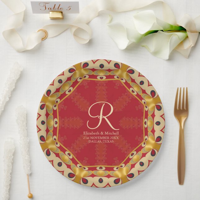 Hexagon Love Red Gold Monogram Custom Name Paper Plates (Wedding)