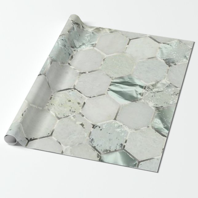 Hexagon Mint Aqua Silver Marble Shiny Wrapping Paper (Unrolled)