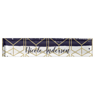 Hexagon Modern Navy Blue Gold Geometric Glam Name Plate