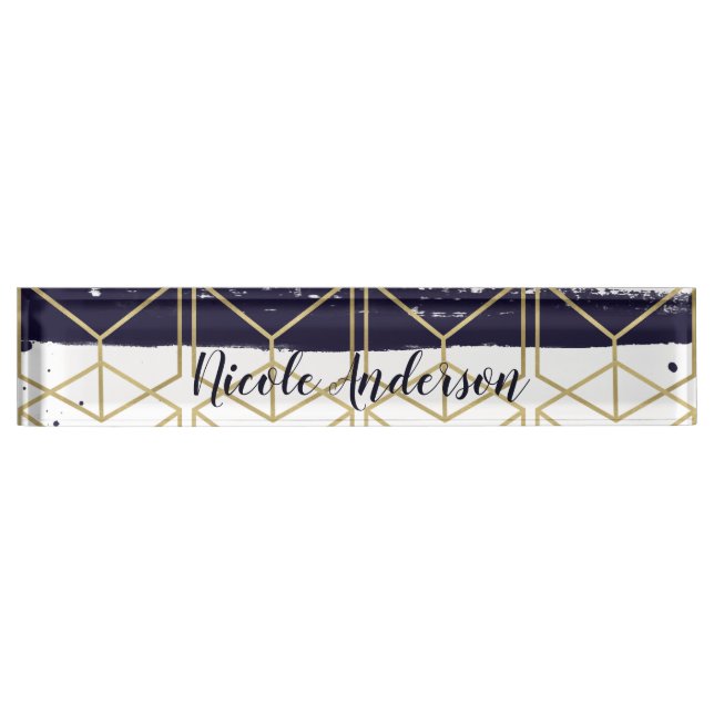 Hexagon Modern Navy Blue Gold Geometric Glam Name Plate (Front)