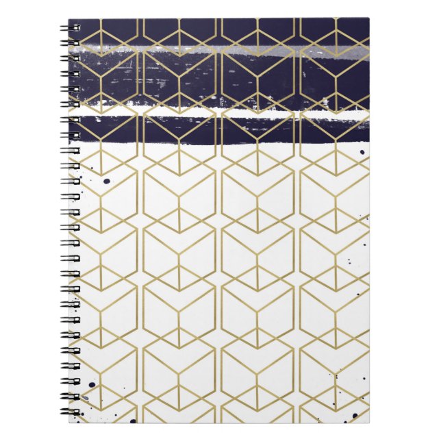 Hexagon Modern Navy Blue Gold Geometric Glam Notebook (Front)
