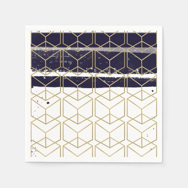 Hexagon Modern Navy Blue Gold Geometric Glam Party Paper Napkins (Front)
