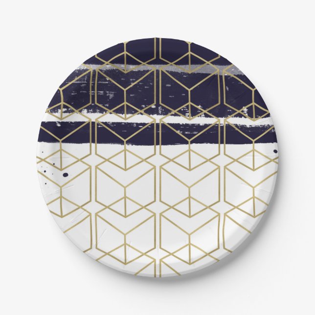 Hexagon Modern Navy Blue Gold Geometric Glam Party Paper Plates (Front)