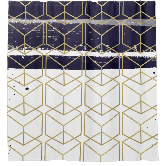 Hexagon Modern Navy Blue Gold Geometric Glam Shower Curtain Zazzle Com Hexagon Modern Navy Blue Gold Geometric, Navy Blue And Gold Shower Curtain