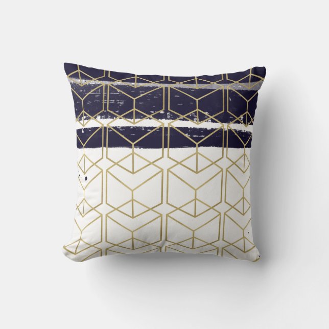 Hexagon Modern Navy Blue Gold Geometric Glam Throw Pillow (Front)