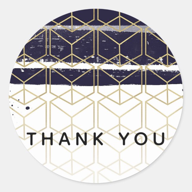 Hexagon Modern Navy Blue Gold Geometric Wedding Classic Round Sticker (Front)