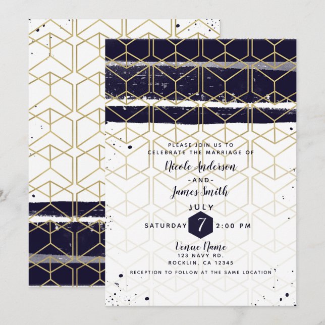 Hexagon Modern Navy Blue Gold Geometric Wedding Invitation (Front/Back)