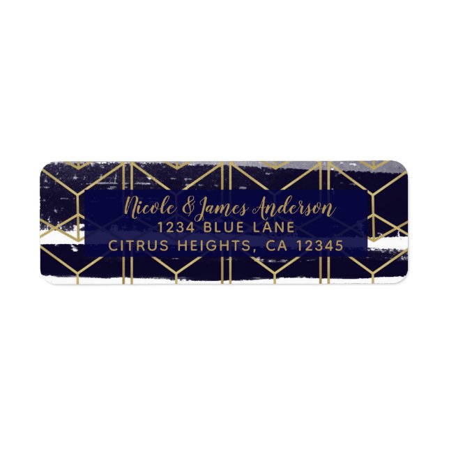 Hexagon Modern Navy Blue Gold Geometric Wedding Label (Front)