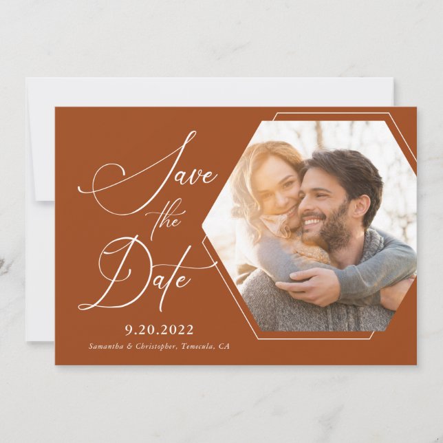 Hexagon Modern Photo Script Terracotta  Save The Date (Front)