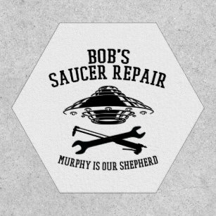 hexagon patch with Bob's Saucer Repair logo