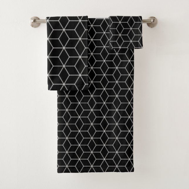 Hexagon Pattern Black and White Bath Towel Set (Insitu)