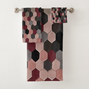 Hexagon Pattern In Gray and Burgundy Autumn Colors Bath Towel Set