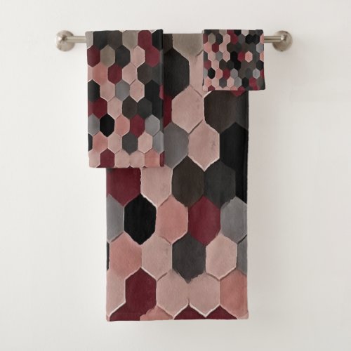 Hexagon Pattern In Gray and Burgundy Autumn Colors Bath Towel Set