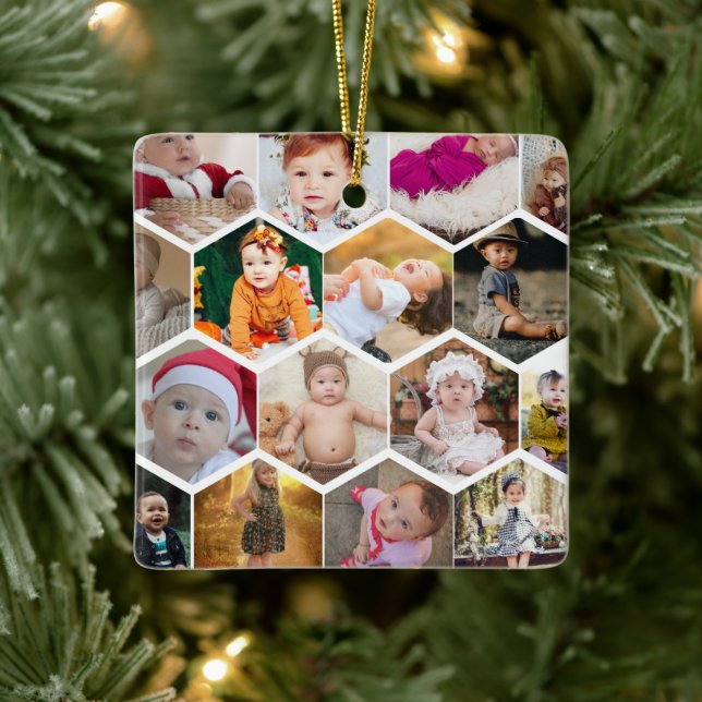 Hexagon Photo Collage Ceramic Ornament (Tree)