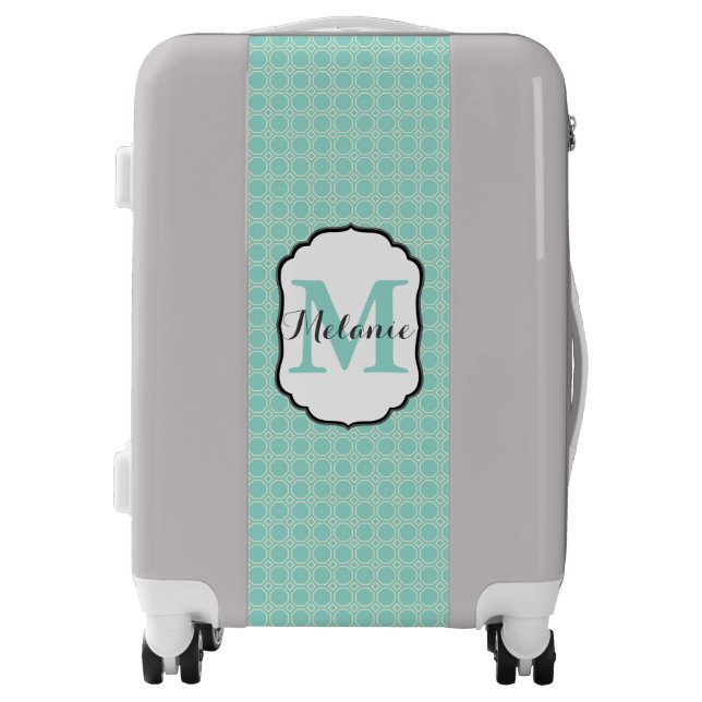 Hexagon Print Light Blue Monogram Initial Trip Luggage (Front)
