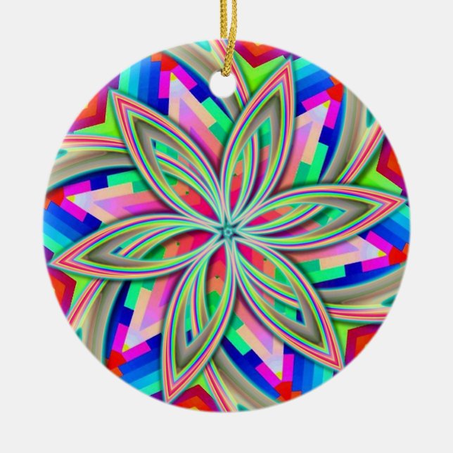 Hexagon Rainbow Flower  Ceramic Ornament (Front)
