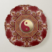 Hexagon Red Earth Gold Yin Yang Feng Shui Mandala Round Pillow