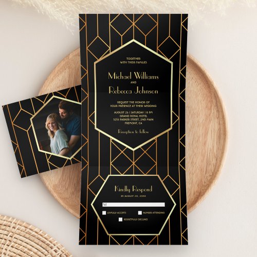 Hexagon Retro Art Deco Black Gold 3 in 1 Wedding Tri_Fold Invitation