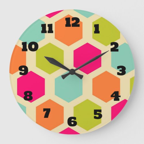 Hexagon Shapes in Vintage Colors Pattern Large Clock