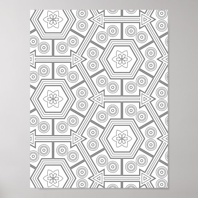 Hexagon Tile Coloring Page Floral Geometric Art Poster (Front)