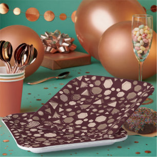 Hexagon & Triangle Pink & Brown on Maroon Pattern Paper Plates