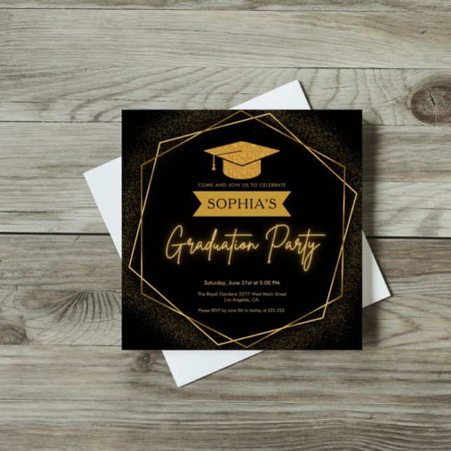 Hexagonal Frame & Glitter Cap Graduation Invitation (Creator Uploaded)