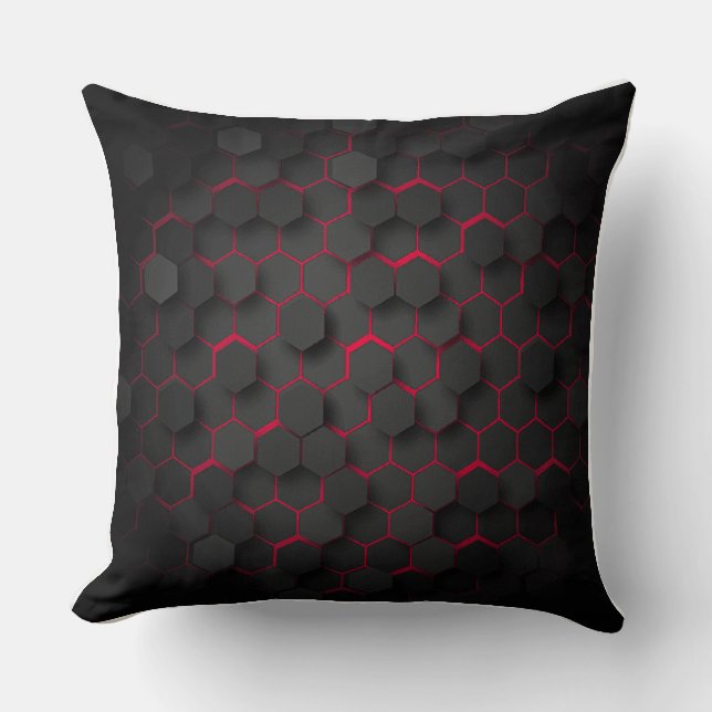 Hexagonal Harmony Bold Black and Red Polyester Throw Pillow (Front)