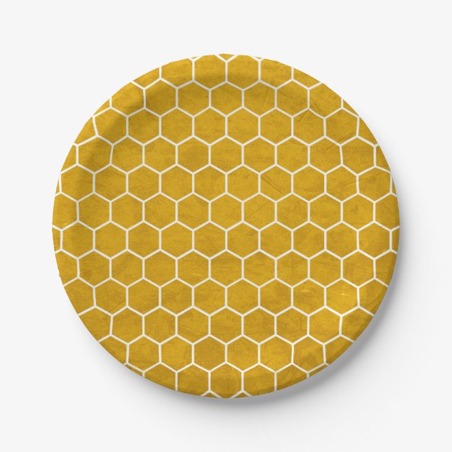 Hexagonal Hexagon Pattern Yellow Paper Plates (Front)