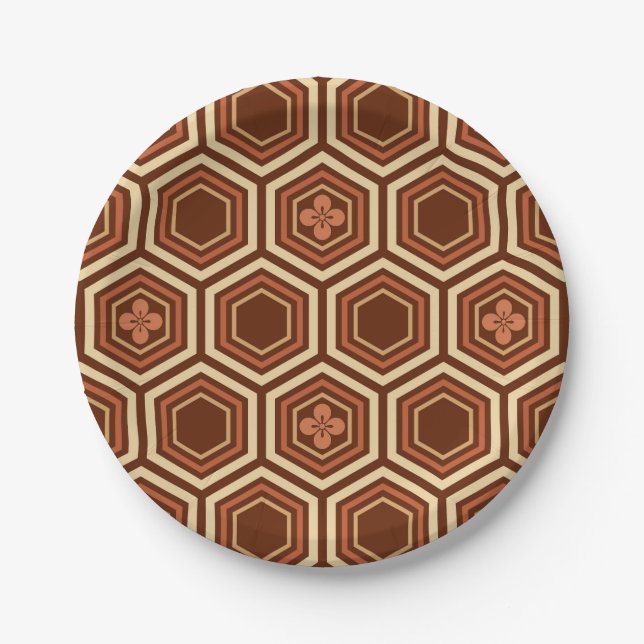 Hexagonal Kimono Print, Brown and Beige Paper Plates (Front)