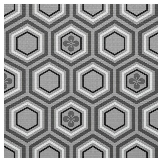 Hexagonal Kimono Print, Gray / Grey and White Fabric (Swatch)
