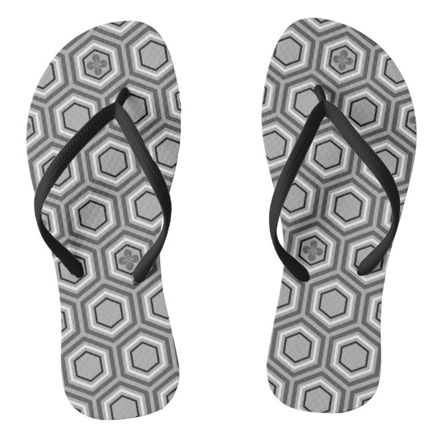 Hexagonal Kimono Print, Gray / Grey and White Flip Flops (Footbed)