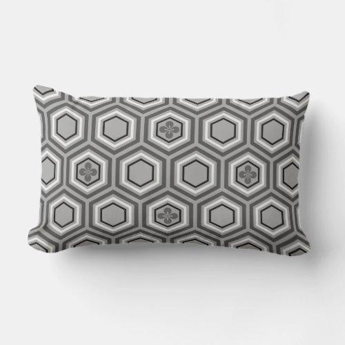 Hexagonal Kimono Print Gray  Grey and White Lumbar Pillow