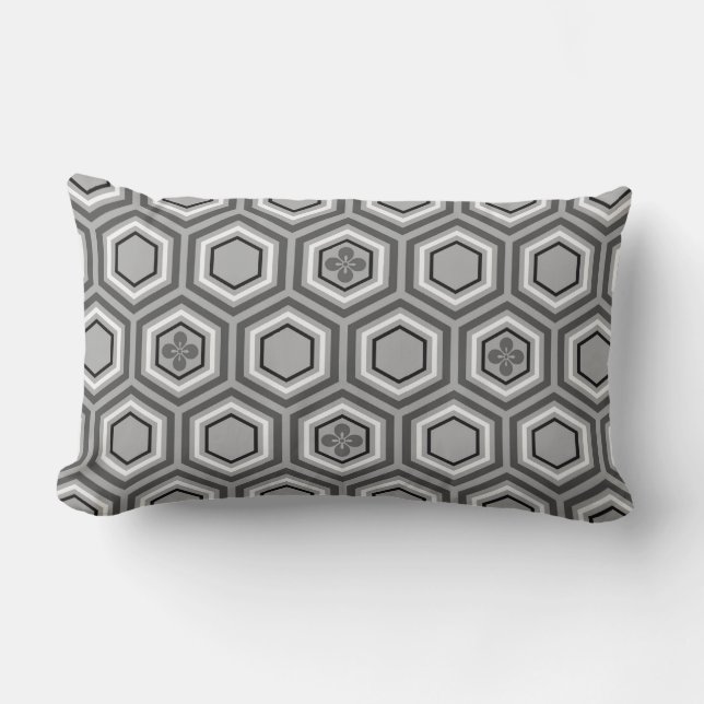 Hexagonal Kimono Print, Gray / Grey and White Lumbar Pillow (Front)