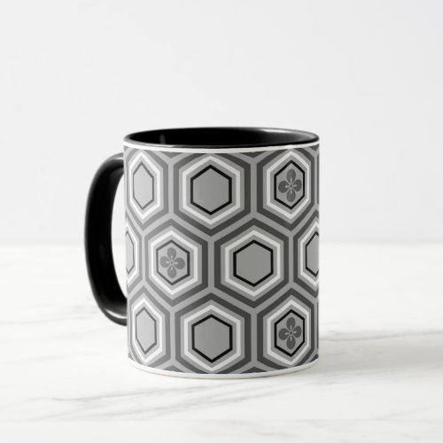 Hexagonal Kimono Print Gray  Grey and White Mug