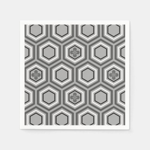 Hexagonal Kimono Print Gray  Grey and White Napkins
