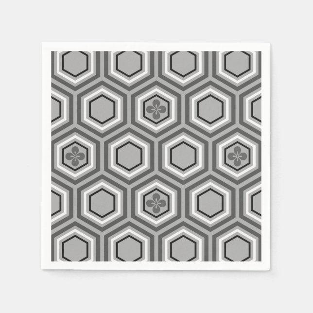 Hexagonal Kimono Print, Gray / Grey and White Napkins (Front)