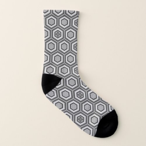 Hexagonal Kimono Print Gray  Grey and White Socks