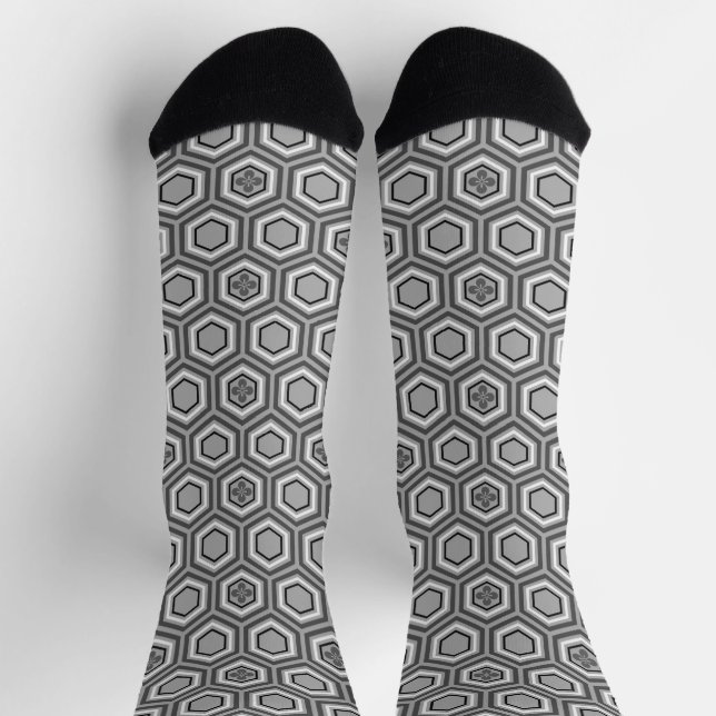 Hexagonal Kimono Print, Gray / Grey and White Socks (Top)