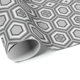 Hexagonal Kimono Print, Gray / Grey and White Wrapping Paper