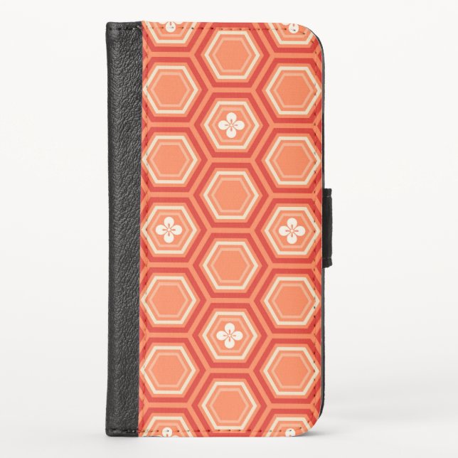 Hexagonal Kimono Print, Mandarin Orange iPhone Wallet Case (Front)