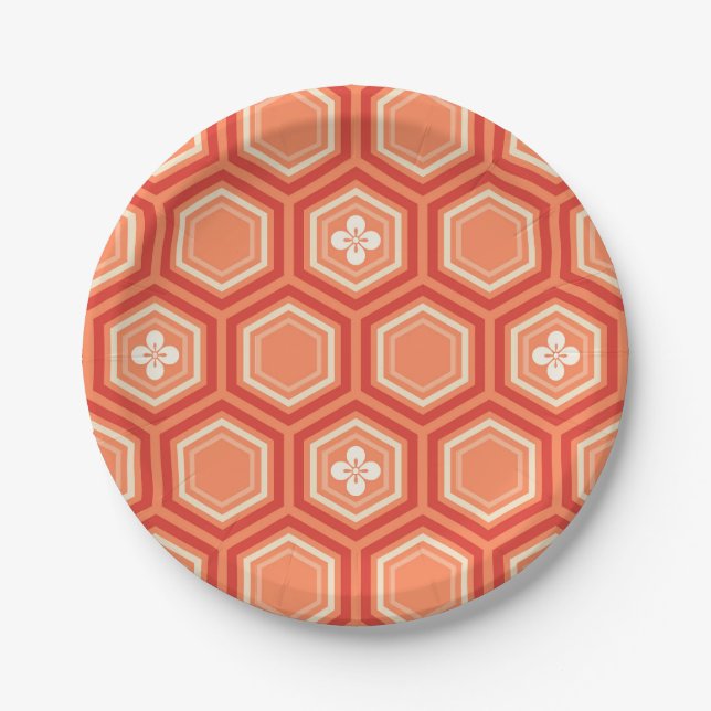 Hexagonal Kimono Print, Mandarin Orange Paper Plates (Front)