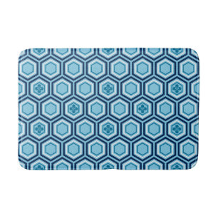 Hexagonal Kimono Print, Navy and Light Blue Bath Mat
