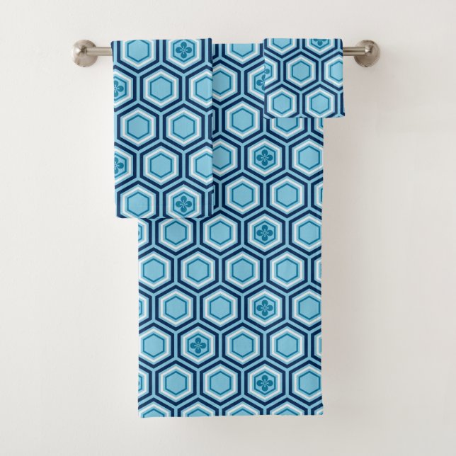 Hexagonal Kimono Print, Navy and Light Blue Bath Towel Set (Insitu)