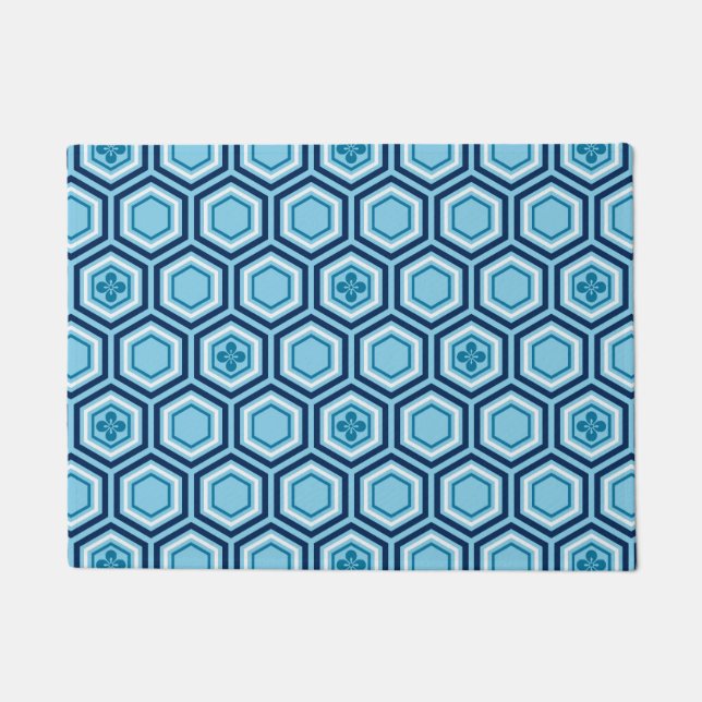 Hexagonal Kimono Print, Navy and Light Blue Doormat (Front)