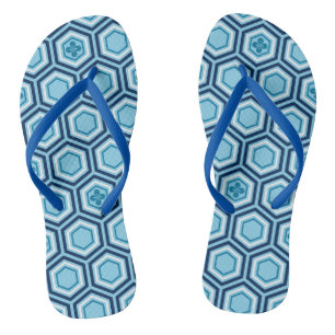 Hexagonal Kimono Print, Navy and Light Blue Flip Flops