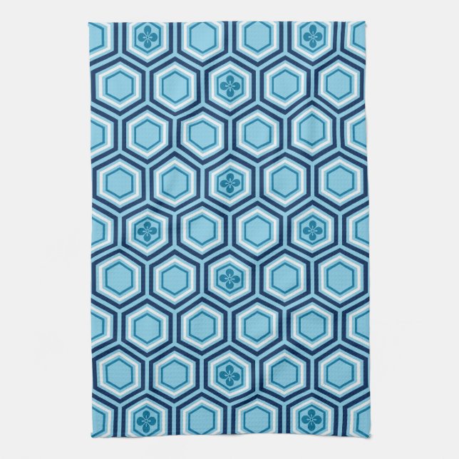 Hexagonal Kimono Print, Navy and Light Blue Towel (Vertical)