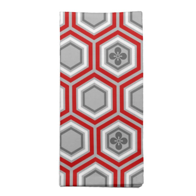 Hexagonal Kimono Print, Red and Gray / Grey Cloth Napkin (Folded)