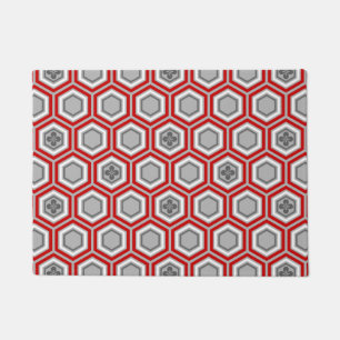 Hexagonal Kimono Print, Red and Gray / Grey Doormat